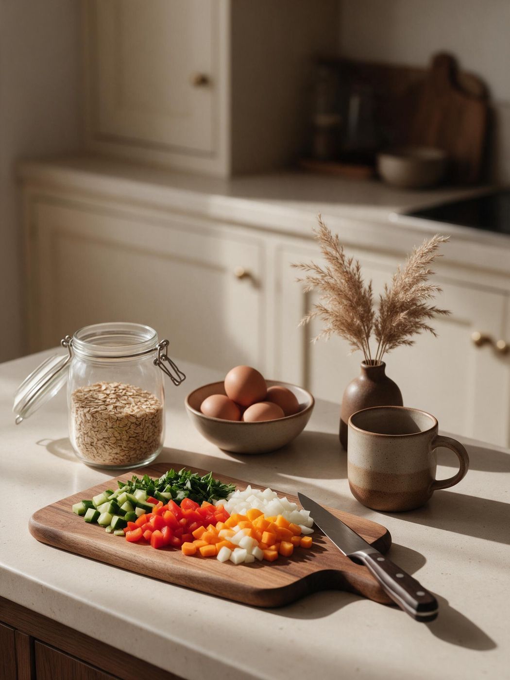 A home kitchen counter with chopped vegetables, oats and eggs