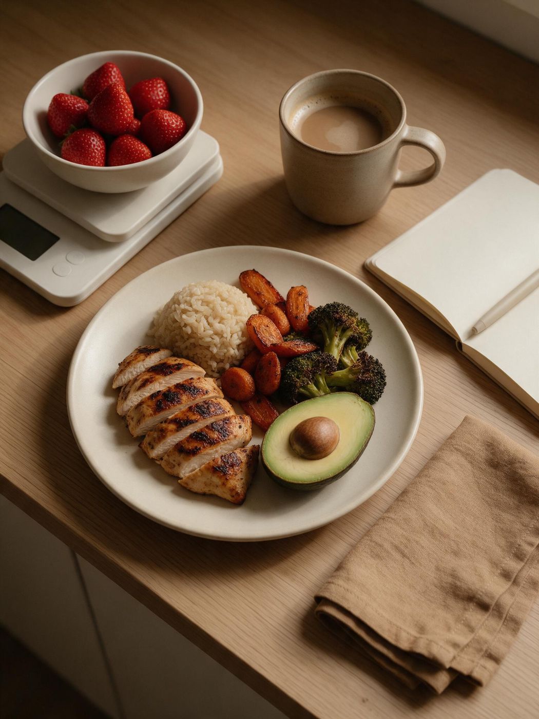 A balanced plate of chicken, rice and roasted vegetables next to a kitchen scale and coffee