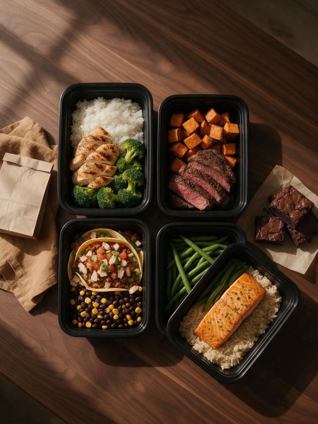 Meal prep containers of chicken, steak, turkey and salmon on a walnut table